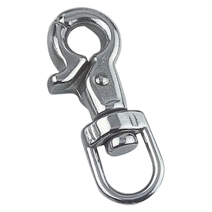 Schnapphaken - Durchmesser: 13 mm, Länge: 6,5 cm, Wirbelauge, Edelstahl, A4 - Diagonale Ansicht