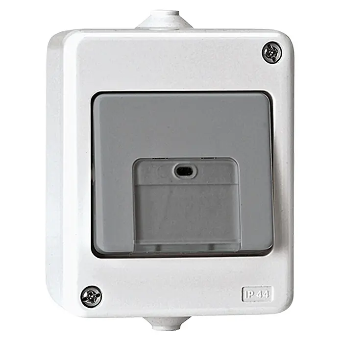 Voltomat FLUID Conmutador para estancias con humedad - Gris, IP44 - Interruptor estanco IP44 de superficie en gris y blanco. Ideal para instalaciones exteriores que requieren protección contra salpicaduras de agua.