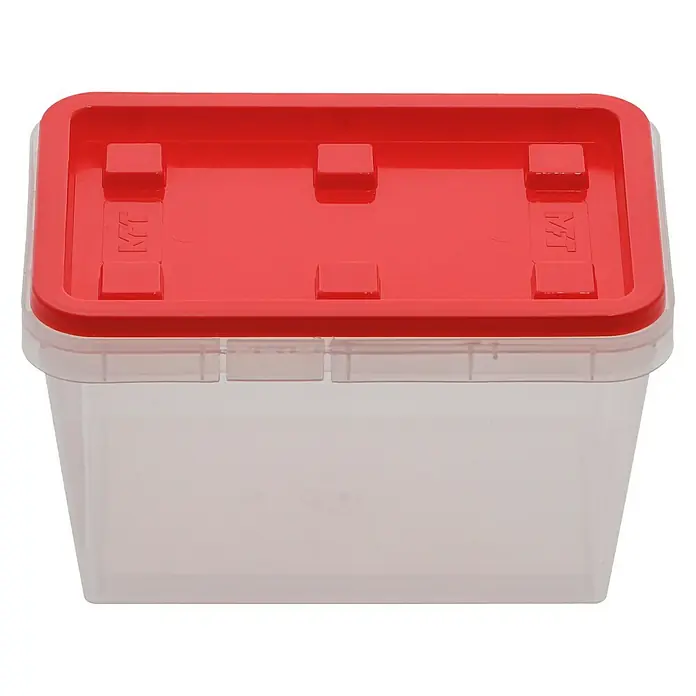 Wisent Aufbewahrungsbox - L x B x H: 90 x 135 x 84 mm, Kunststoff - Ein rechteckiger, transparenter Aufbewahrungsbehälter mit einem roten Deckel, ideal zur Organisation von Gegenständen.