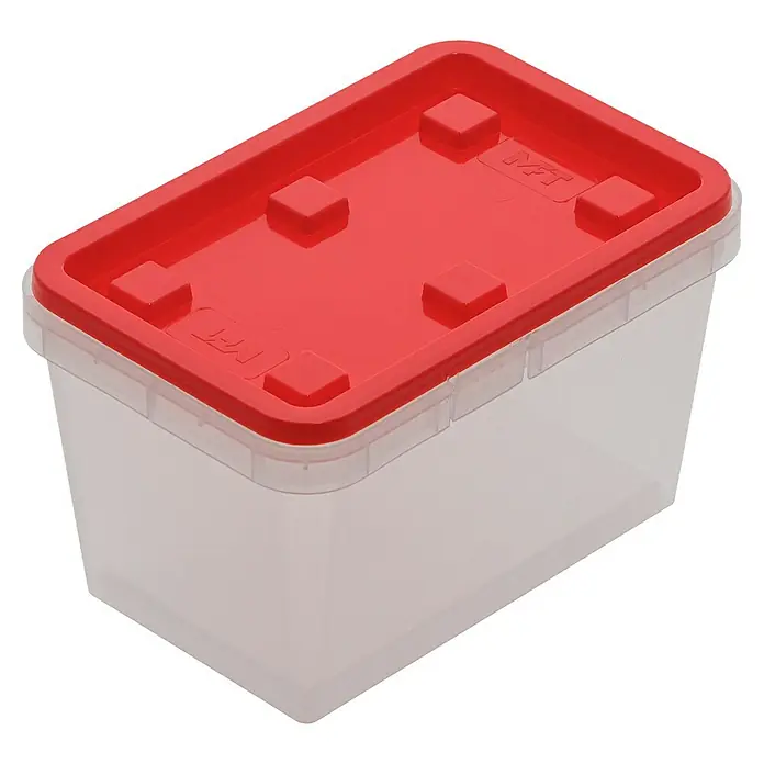 Wisent Aufbewahrungsbox - L x B x H: 90 x 135 x 84 mm, Kunststoff - Ein transparenter "b-boxx" Aufbewahrungsbehälter mit rotem Deckel, ideal für die Organisation von Kleinteilen und Gegenständen.