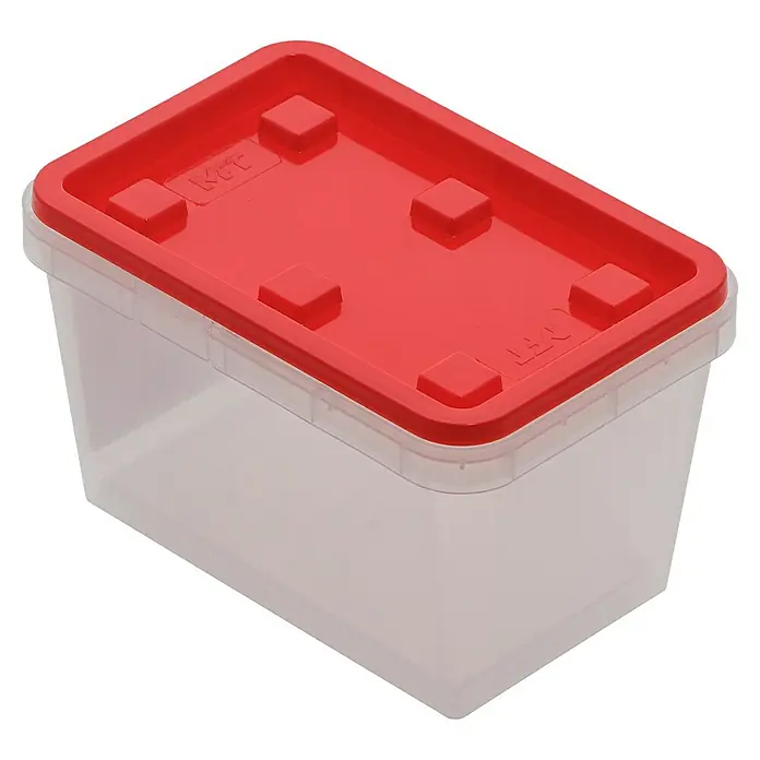 Wisent Aufbewahrungsbox - L x B x H: 90 x 135 x 84 mm, Kunststoff - Ein durchsichtiger Kunststoffbehälter mit einem roten Deckel, ideal zur Aufbewahrung verschiedener Gegenstände.