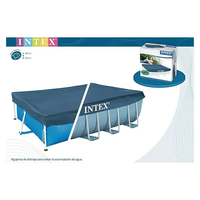 Intex Cubierta de piscina Frame Pool - 300 x 200 cm - Imagen del producto de una cubierta rectangular para piscina Intex en azul, que protege contra la suciedad y prolonga la vida útil de la piscina.
