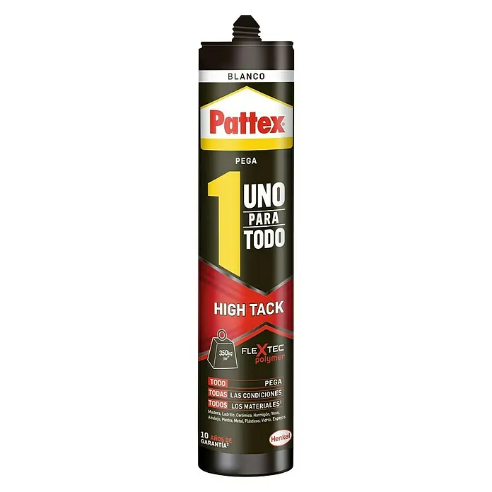 Pattex Adhesivo para montaje Uno para todo - 446 g, Tubo - Imagen de un cartucho adhesivo Pattex 1 Uno para Todo High Tack, ideal para unir diversos materiales como madera y metal.