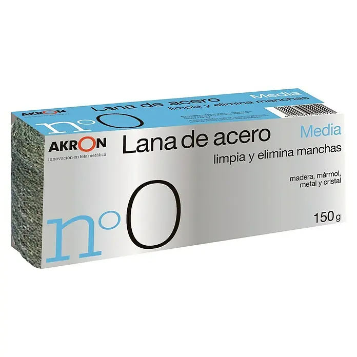 Lana de acero - Tamaño de grano: Medio - Un paquete de lana de acero Akron n.º 0, un producto de limpieza para eliminar manchas en madera, mármol, metal y cristal con grano medio.