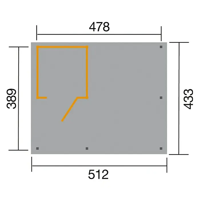 Weka Carport Memmingen - Außenmaß inkl. Dachüberstand (B x T): 5,12 x 4,33 m, Einzelcarport, Kesseldruckimprägniert - Eine Draufsicht des Grundrisses mit detaillierten Maßangaben für Länge und Breite sowie einer internen Raumaufteilung.