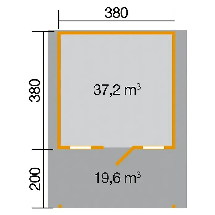 Weka Gartenhaus Passau V200 - Außenmaß inkl. Dachüberstand (B x T): 450 x 594 cm, Holz, Natur, 22,04 m² - Grundrisszeichnung eines Hauses mit Maßangaben und Flächeninhalten der Räume für Architekten oder Bauherren.