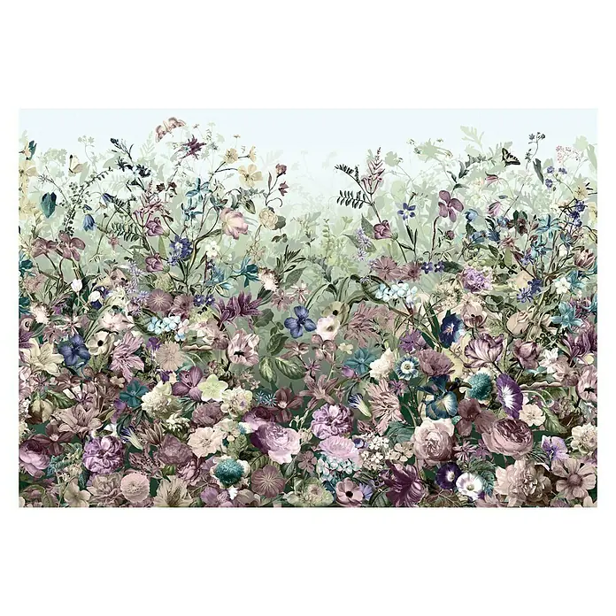 Komar Into Illusions Fototapete Botanica - 4 -tlg., B x H: 368 x 248 cm, Vlies - Eine detailreiche Illustration von lila, blauen und weißen Blumen, die eine üppige florale Szene für ein lebendiges Wandbild schaffen.