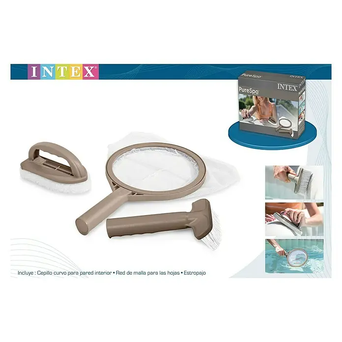 Intex Set para la limpieza de Spa - 3 pzs., Plástico, Beige - El conjunto de limpieza Intex PureSpa incluye un cepillo, una red y una esponja para limpiar su jacuzzi.