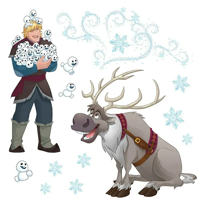 Komar Disney Edition 4 Fenstersticker Frozen Snowflake - Frozen Snowflake, Bunt, 31 x 31 cm - Eine Illustration von Kristoff mit vielen kleinen Schneemännern, sowie Sven dem Rentier aus dem Film "Die Eiskönigin".