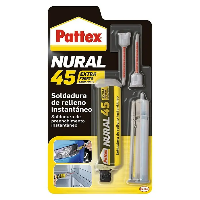 Pattex Adhesivo para montaje universal - Transparent, 11 g - Imagen de una jeringa doble Pattex Nural 45, ideal para reparaciones rápidas y uniones fuertes en el hogar.