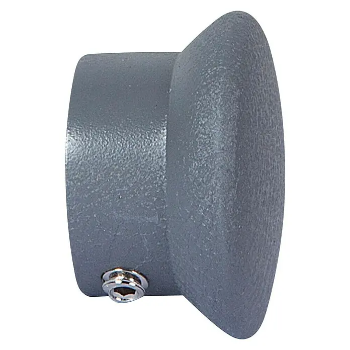 Tapa final Nordic tope gris - 2 ud. - Primer plano de una tapa de tubo gris con un tornillo de fijación, que ofrece un acabado limpio y seguro para instalaciones de fontanería.