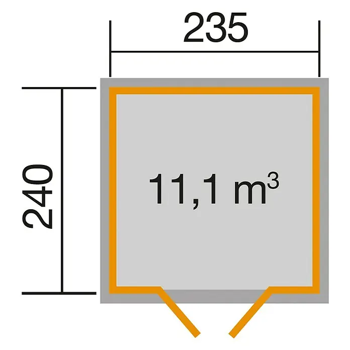 Weka wekaLine Gerätehaus Gr. 1 - 260 x 277 cm, Wandstärke: 28 mm, Anthrazit, Weiß - Grundrisszeichnung eines Gartenschuppens mit den Maßen 235 x 240 und einem Volumen von 11,1 m³.