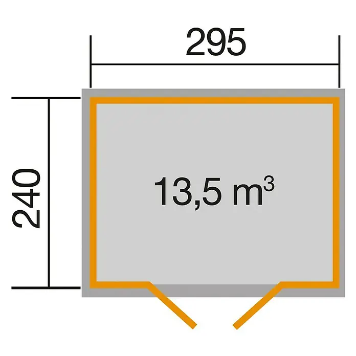 Weka wekaLine Gerätehaus Gr. 2 - 320 x 278 cm, Wandstärke: 28 mm, Anthrazit, Weiß - Grundriss eines Gartenhauses mit den Maßen 295 x 240 und einem Volumen von 13,5 m³. Perfekt für die Aufbewahrung von Gartengeräten und -möbeln.