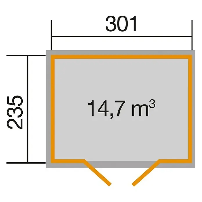 Weka wekaLine Gerätehaus Gr. 2 - Holz, Anthrazit, Weiß - Draufsicht der Produktabmessungen: 301 x 235 cm, Volumen 14,7 m³. Ideal für die Planung und den Vergleich verschiedener Optionen.