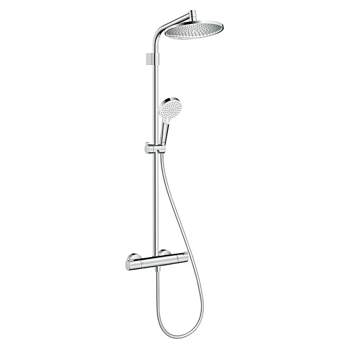Hansgrohe Sistema de ducha Crometta S Showerpipe 240 - Con grifo termostático, Número de tipos de chorro: 2 ud., Cromo - Columna de ducha con rociador de cabeza y teleducha en cromo. El sistema de ducha ofrece una experiencia de ducha lujosa con un diseño moderno.