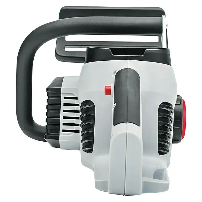 AL-KO 36V Akku-Kettensäge CS 4030 - 36 V, Li-Ionen, Ohne Akku, Schwertlänge: 30 cm - Nahaufnahme einer Akku-Kettensäge mit grauem Gehäuse und schwarzem Griff, die für den Einsatz im Garten oder bei Baumschnittarbeiten konzipiert ist.