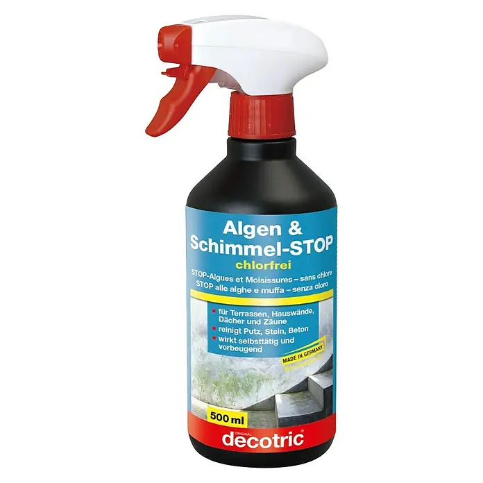 Decotric Algen- & Schimmel-Stop - 500 ml, Gebrauchsfertig - Abbildung eines Algen & Schimmel-STOP Sprays von Decotric, chlorfrei, zur Reinigung von Terrassen, Hauswänden, Dächern und Zäunen.