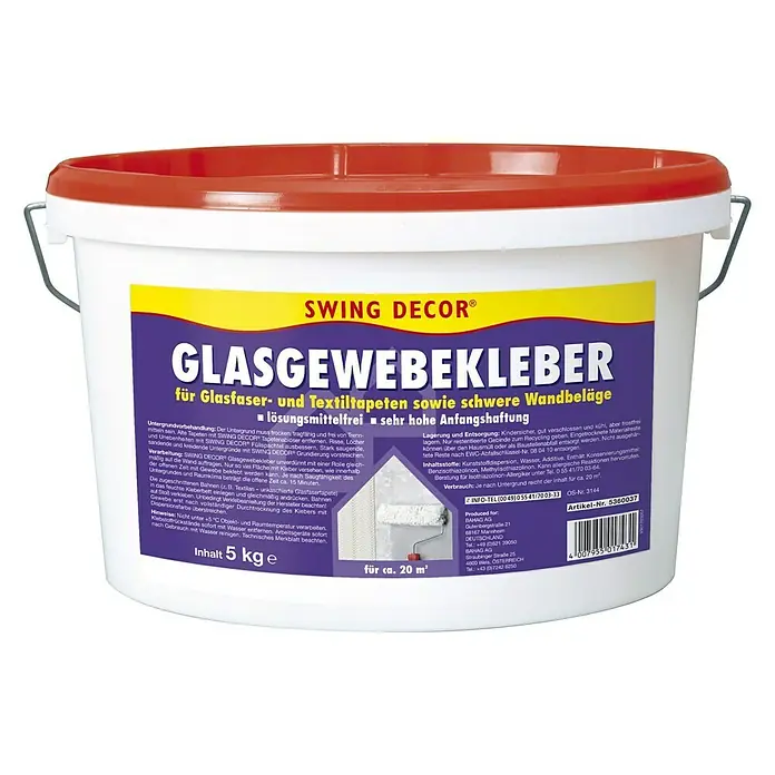 Swing Decor Glasgewebekleber - 5 kg, Lösemittelfrei - Eimer Swing Decor Glasgewebekleber für Glasfaser- und Textiltapeten. Lösungsmittelfrei und mit sehr hoher Anfangshaftung.