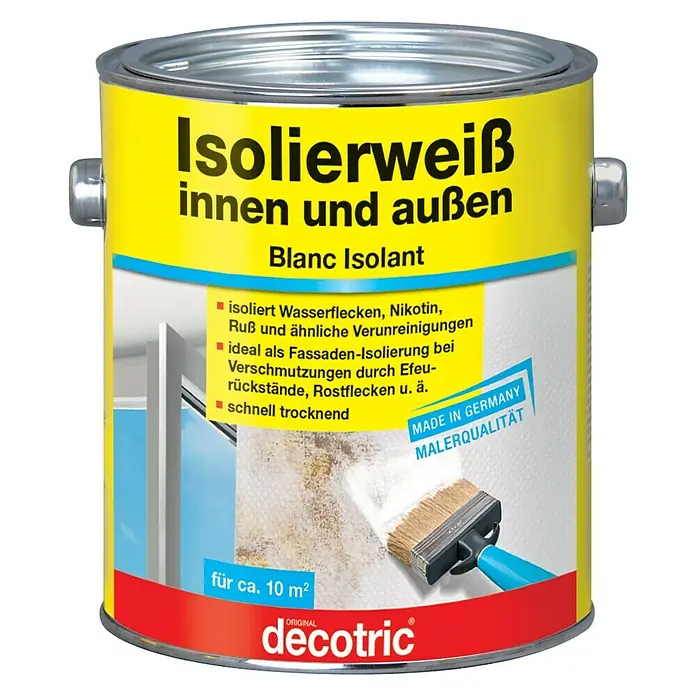 Decotric Isolierfarbe Isolierweiß - 2 l, Weiß - Dose Isolierweiß Innen- und Außenfarbe von Decotric, ideal zum Isolieren von Wasserflecken, Nikotin und Ruß für Fassaden und Innenräume.