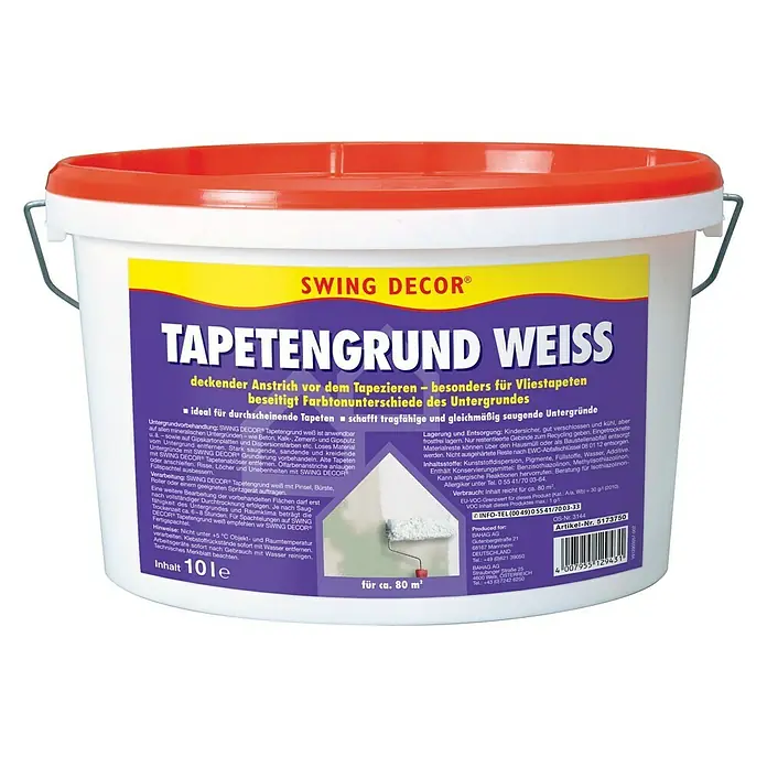 Swing Decor Tapetengrund - 10 l - Ein Eimer Swing Decor Tapetengrund Weiss, eine deckende Grundierung für Vliestapeten, die Farbunterschiede beseitigt und für ca. 80 m² reicht.