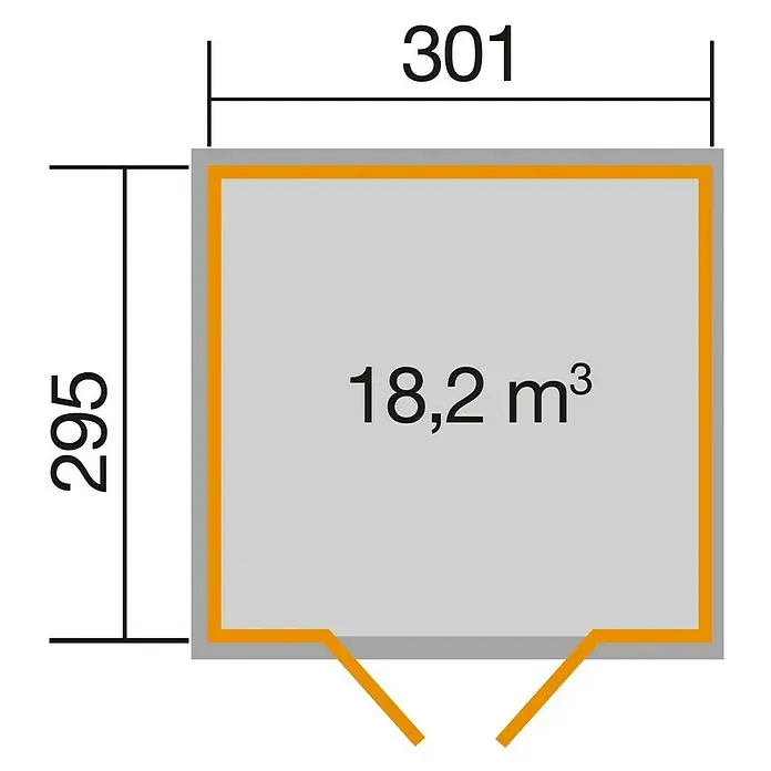Weka wekaLine Gerätehaus Gr. 3 - Holz, Natur - Bild eines Produktdiagramms mit den Maßen 301 x 295 und einer Volumenangabe von 18,2 m³.