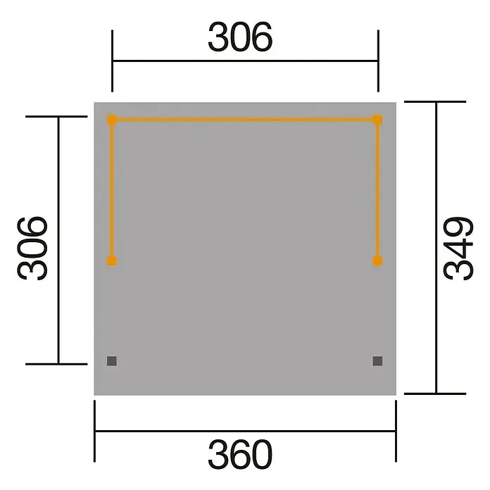 Weka Gartenlaube Singen - 3,49 x 3,6 m, Fichte - Draufsicht eines rechteckigen Artikels mit den Maßen 306 x 349 mm oben und 360 x 306 mm an den Seiten.