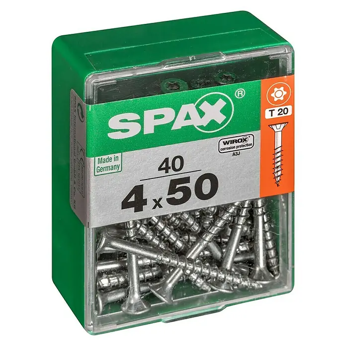 Spax T-Star plus Universalschraube T-Star plus - Ø x L: 4 x 50 mm, WIROX Oberfläche, T-Star plus, 40 Stk. - Dose mit Spax-Senkkopfschrauben 4 x 50 mm, ideal für Holzkonstruktionen. Die WIROX-Beschichtung bietet optimalen Korrosionsschutz für dauerhafte Verbindungen.