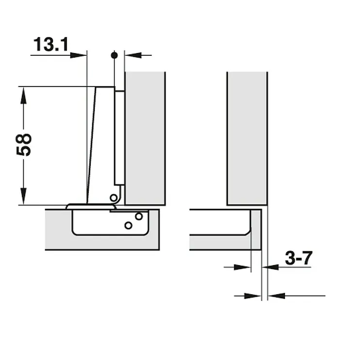 Stabilit Bisagra de cazoleta - Tipo de tope: Tope de esquina, Diámetro cazoleta: 35 mm, Ángulo de apertura: 110 °, Equipamiento: Cierre automático - Dibujo técnico de una bisagra de mueble con dimensiones. La bisagra se muestra detallada con medidas.