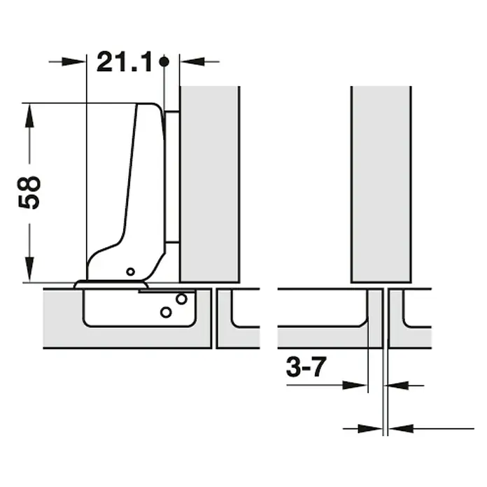 Stabilit Bisagra de cazoleta - Tope medio, Diámetro cazoleta: 35 mm, Ángulo de apertura: 110 °, Cierre automático - Dibujo técnico de una corredera de mueble con dimensiones. La corredera tiene una altura de 58 mm y una anchura de 21,1 mm, holgura: 3-7 mm.
