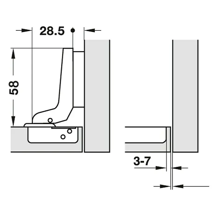 Stabilit Bisagra de cazoleta - Tope interior, Diámetro cazoleta: 35 mm, Ángulo de apertura: 110 °, Cierre automático - Esquema de un herraje para muebles con detalles dimensionales.