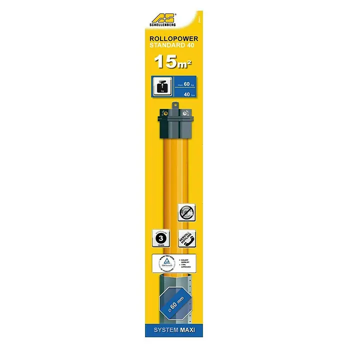 Schellenberg Motor tubular Maxi Comfort - Superficie de persiana enrollable máx.: 15 m² para persianas de plástico, Fuerza de tracción: 60 kg - Imagen del producto del accionamiento de persiana enrollable Schellenberg Rollopower Standard 40 con una superficie de 15 m² y un diámetro de 60 mm.