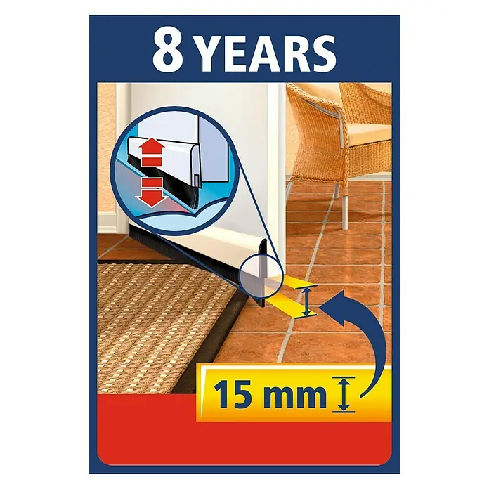 Tesa INSULATION Burlete para puerta confort aluminio - Blanco, Apto para: Desajustes de hasta 15 mm de ancho - Imagen de una tira de sellado de puerta que sella hasta 15 mm y evita corrientes de aire.