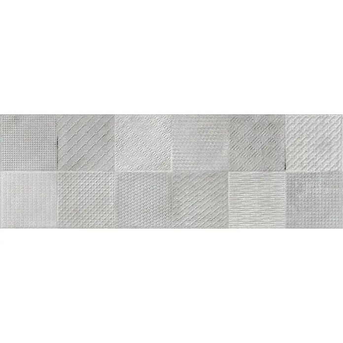BHS Showroom Revestimiento de pared Madox Square - 90 x 30 cm, Gris, Mate, Rectificado - Primer plano de baldosas cerámicas decorativas grises con diversas texturas, ideal para realzar el diseño interior de paredes o suelos.