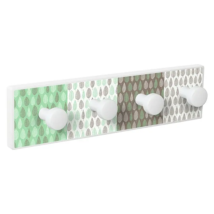 Nesu Perchero 9312 - L x An x Al: 403 x 103 x 16 cm, Madera, Multicolor - Un perchero con cuatro pomos blancos y un estampado de hojas en tonos de verde, marrón y blanco.