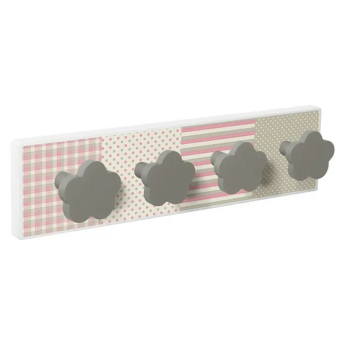 Nesu Perchero 9306 - L x An x Al: 403 x 103 x 16 cm, Madera, Rosa/Gris - Un perchero infantil con cuatro ganchos en forma de flor, decorado con patrones rosa y gris, ideal para una habitación infantil.