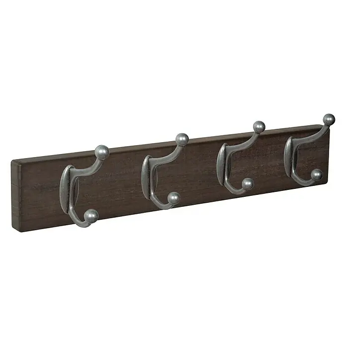Nesu Perchero 9104 - L x An x Al: 40 x 7 x 86 cm, Madera, Nogal/Plata - Perchero de pared con cinco ganchos plateados y base de madera para chaquetas, sombreros y accesorios.