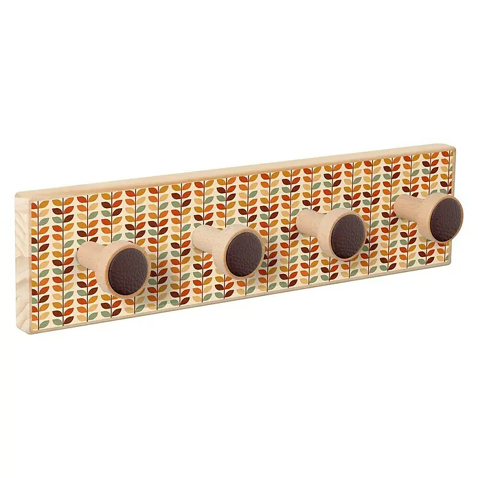Nesu Perchero 9337 - L x An x Al: 403 x 103 x 16 cm, Madera, Marrón - Perchero decorativo de madera con cuatro pomos y un patrón de hojas en colores otoñales para habitación infantil.