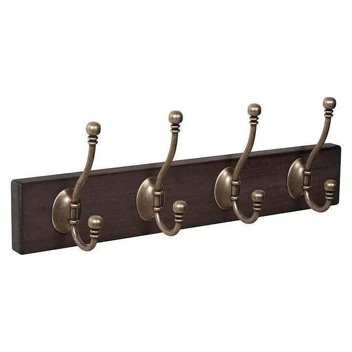 Nesu Perchero 9102 - L x An x Al: 40 x 7 x 8 cm, Madera, Nogal/Cobre - Elegante perchero con cuatro ganchos dorados de aspecto antiguo sobre una barra de madera oscura, ideal para un orden elegante.