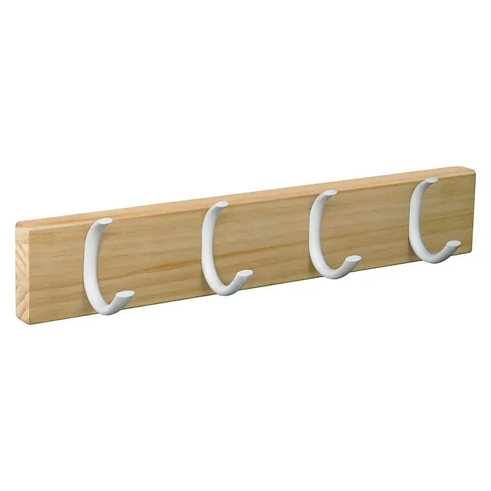 Nesu Barra para percheros 9105 - L x An x Al: 40 x 7 x 5,6 cm, Número de ganchos: 4 ud., Natural/Blanco - Perchero de madera clara con cinco ganchos blancos. Solución práctica para guardar chaquetas y accesorios en el recibidor.