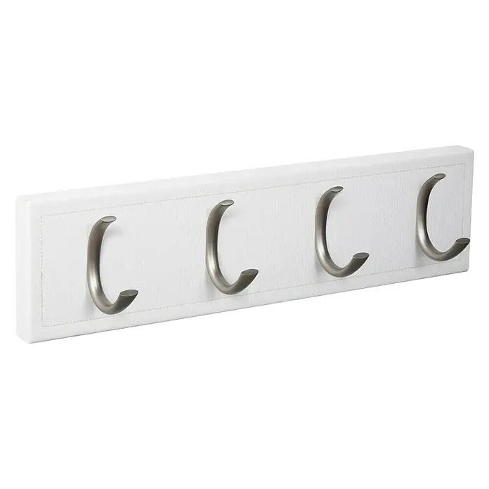 Nesu Perchero 9205 - L x An x Al: 403 x 103 x 7 cm, Materiales naturales, Blanco/Acero inoxidable - Perchero claro con cuatro ganchos plateados. Almacenamiento práctico y elegante para chaquetas, sombreros y accesorios en el pasillo o dormitorio.