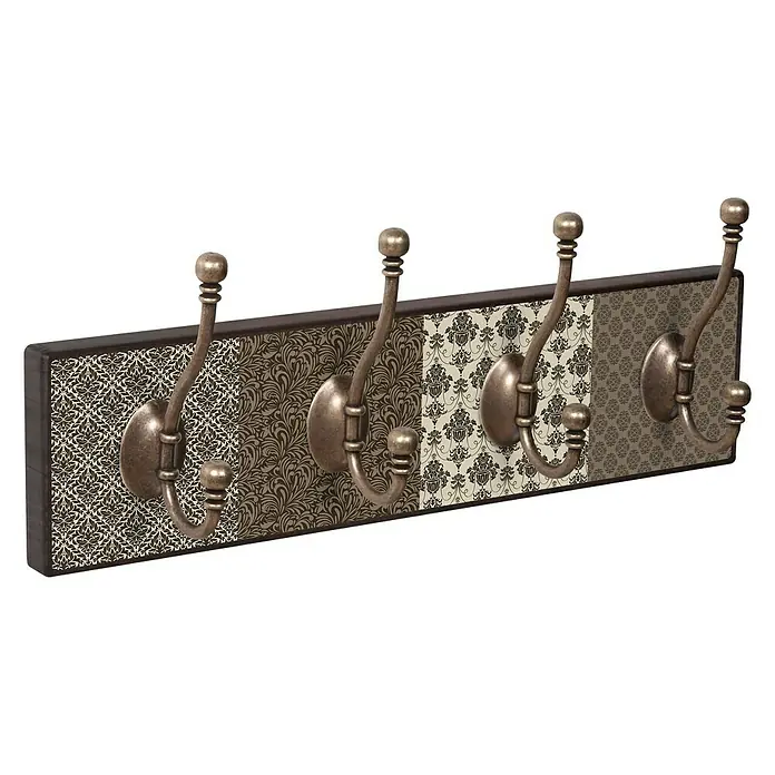 Nesu Perchero 9316 - L x An x Al: 403 x 103 x 16 cm, Madera, Marrón - Perchero de pared con cuatro ganchos de bronce y un panel trasero decorativo con diversos patrones para una entrada elegante.