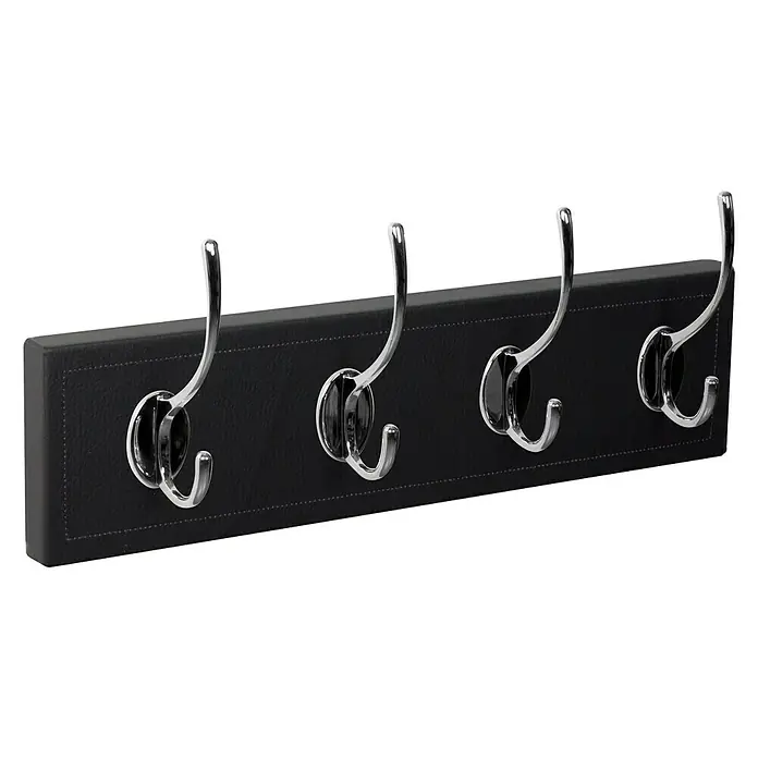 Nesu Perchero 9203 - L x An x Al: 403 x 103 x 64 cm, Materiales naturales, Negro - Perchero de pared con cuatro ganchos cromados sobre fondo negro, una solución de almacenamiento elegante para chaquetas y accesorios.