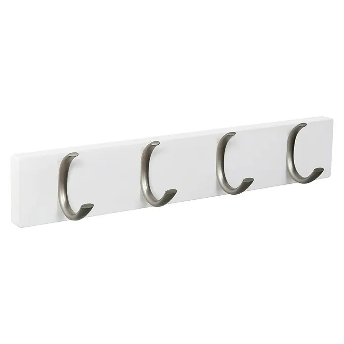Nesu Barra para percheros 9105 - L x An x Al: 40 x 7 x 5,6 cm, Número de ganchos: 4 ud., Blanco/Acero inoxidable - Un perchero de pared blanco con cuatro ganchos plateados para colgar chaquetas o bolsos. Práctico y elegante para cualquier entrada.