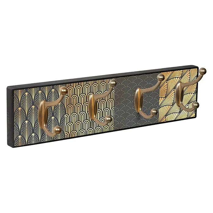 Nesu Perchero 9321 - L x An x Al: 403 x 103 x 16 cm, Madera, Marrón - Elegante perchero de pared con cuatro ganchos de estilo Art Déco, perfecto para guardar chaquetas y accesorios con estilo.
