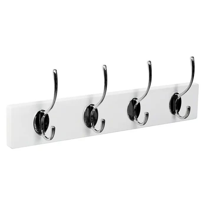 Nesu Perchero 9103 - L x An x Al: 40 x 7 x 64 cm, Madera, Blanco/Cromado - Un perchero blanco con cuatro ganchos plateados, ideal para chaquetas y sombreros. Práctica solución de pared para organizar.