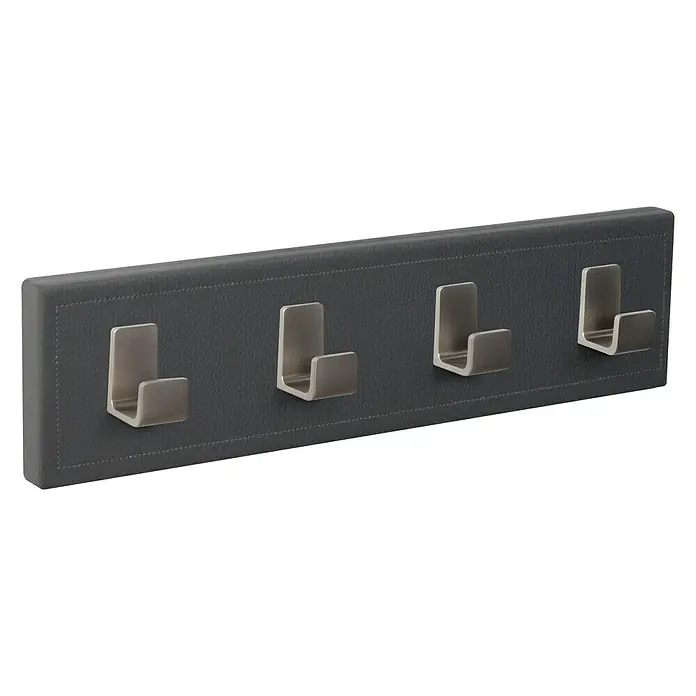 Nesu Perchero 9206 - L x An x Al: 403 x 103 x 5 cm, Materiales naturales, Gris/Inoxidable - Perchero de pared gris con cuatro ganchos plateados, ideal para organizar chaquetas y accesorios con estilo. Práctico y elegante.