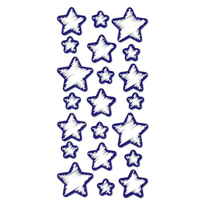 Vinilo de pared Stars - 15,5 x 34 cm, Blanco con borde azul, Plástico - Ilustración con pegatinas de estrellas azules en diferentes tamaños y formas dispuestas sobre una superficie blanca.