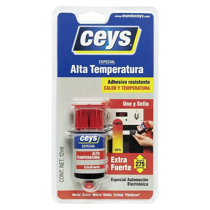 Ceys Adhesivo bicomponente Alta temperatura - 12 ml - Ceys Especial Adhesivo Alta Temperatura, resistente al calor y extra fuerte para metal, vidrio y plásticos en automoción y electrónica.