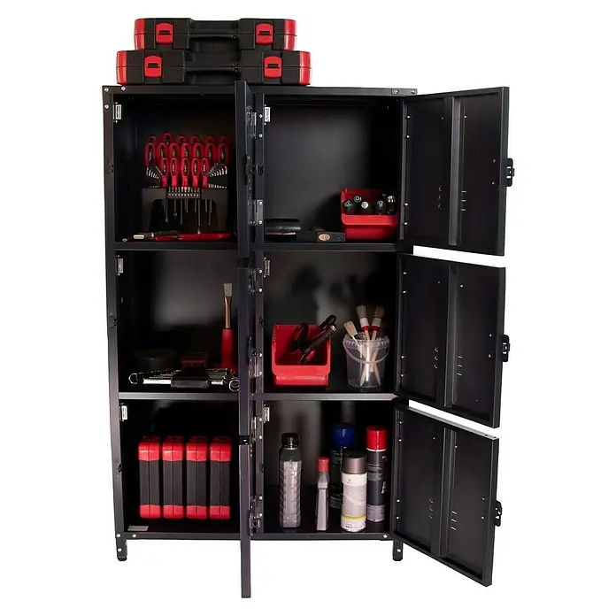 Armario multiusos metálico Vintage - 35 x 75 x 120 cm, Número de puertas: 6 ud., Número de compartimentos: 6 ud. - Armario de herramientas negro con herramientas rojas. Ideal para guardar herramientas en el taller o garaje.