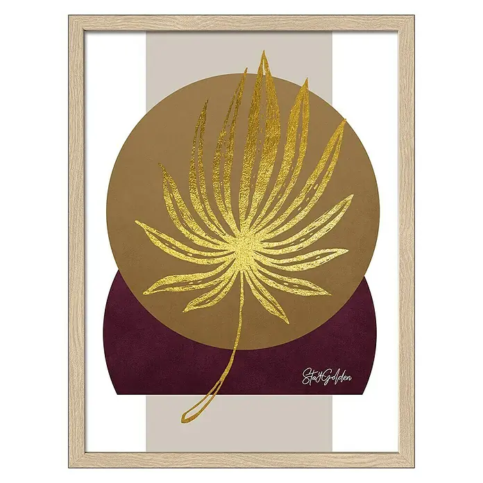 ProArt Bild - Golden Leaf I, B x H: 33 x 43 cm - Gerahmtes Wandbild mit goldenem Palmenblatt-Design auf abstrakten Kreisen, eine stilvolle Dekoration für jeden Raum.